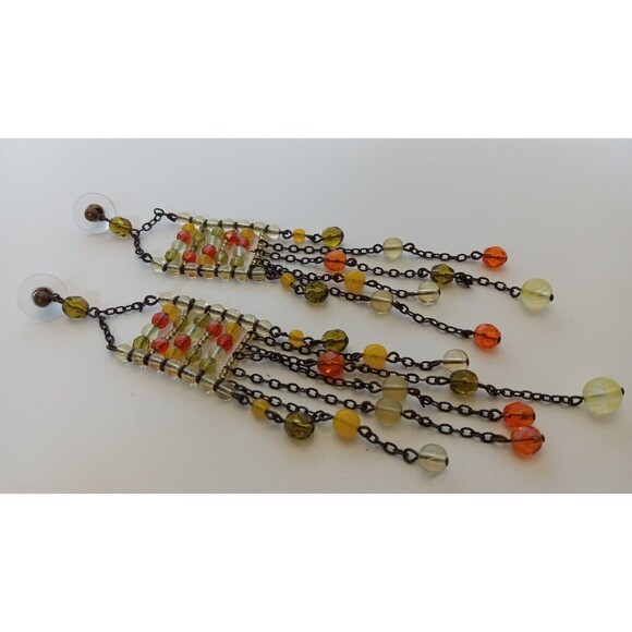 Green & Orange Glass Boho Chandelier Earrings 6 inch Shoulder Sweepers - Picture 6 of 9